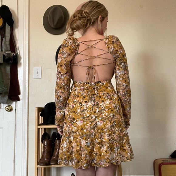 Long Sleeve Cowl Neck Open Lace-up Back Mini Dress - Picture 9 of 10